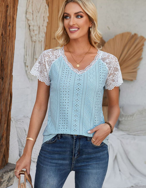 Load image into Gallery viewer, Eyelet V-Neck Lace Short Sleeve T-Shirt
