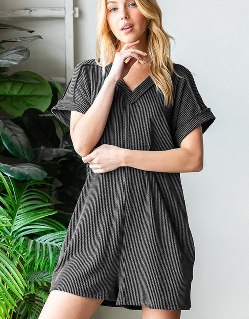 Load image into Gallery viewer, Heimish Full Size Short Sleeve Ribbed Romper with Pockets
