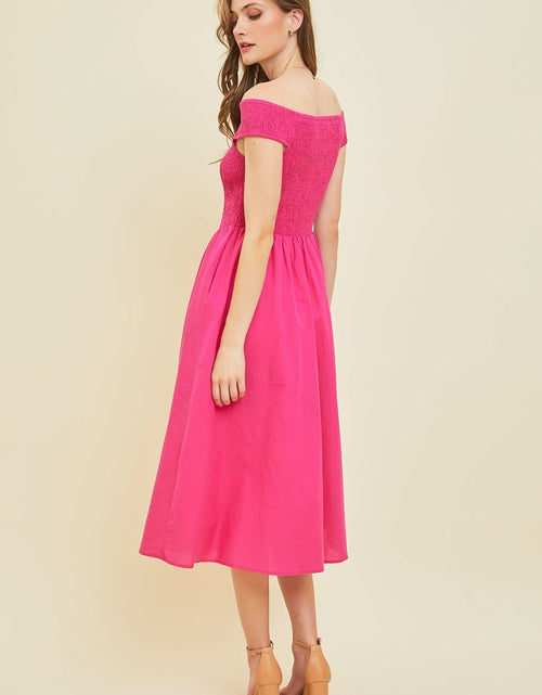 Load image into Gallery viewer, HEYSON Off-Shoulder Smocked Midi Dress
