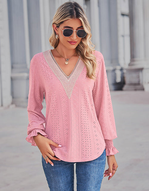 Load image into Gallery viewer, V-Neck Eyelet Flounce Sleeve Blouse
