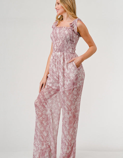 Load image into Gallery viewer, GeeGee Printed Tie Shoulder Wide Leg Jumpsuit
