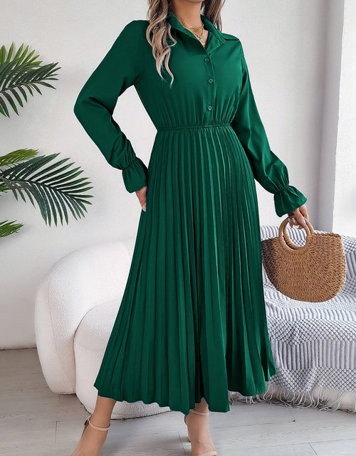 Load image into Gallery viewer, Pleated Half Button Long Sleeve Midi Dress
