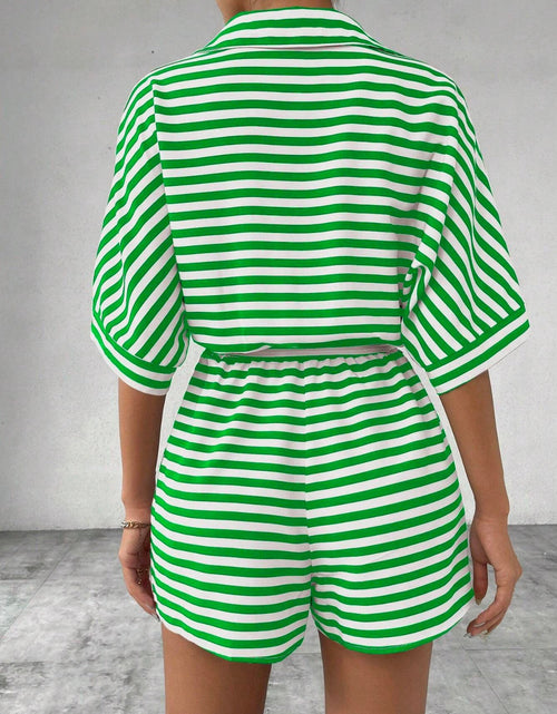 Load image into Gallery viewer, Tie Waist Half Button Striped Romper

