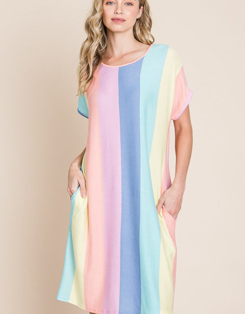 Load image into Gallery viewer, BOMBOM Striped Short Sleeve Dress with Pockets
