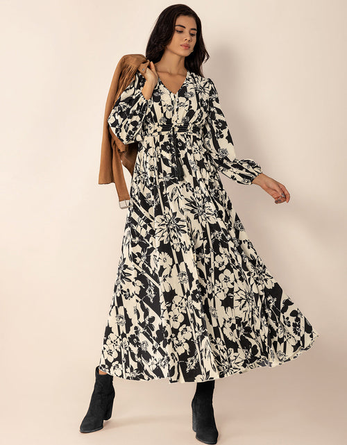 Load image into Gallery viewer, Tied Printed V-Neck Long Sleeve Midi Dress
