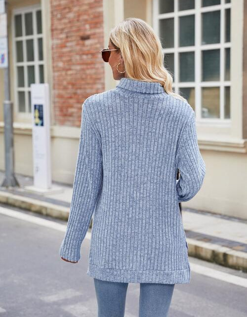 Load image into Gallery viewer, Ribbed Turtleneck Long Sleeve Slit Knit Top
