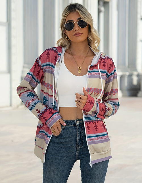 Load image into Gallery viewer, Geometric Zip Up Long Sleeve Hooded Jacket
