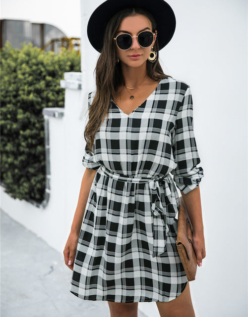 Load image into Gallery viewer, Plaid V-Neck Tie Waist Dress

