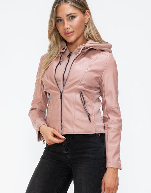 Load image into Gallery viewer, Snobbish Faux Leather Zip Up Drawstring Hooded Jacket
