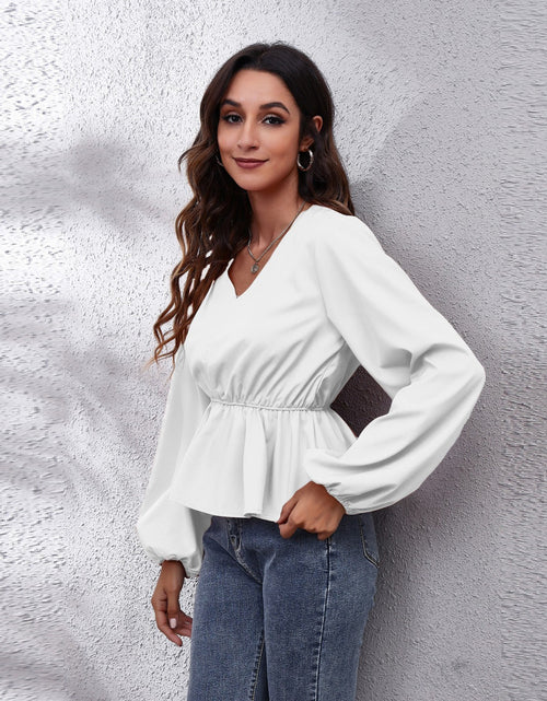 Load image into Gallery viewer, V-Neck Balloon Sleeve Peplum Blouse
