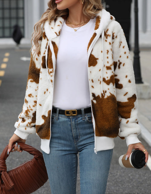 Load image into Gallery viewer, Fuzzy Drawstring Zip Up Hooded Jacket
