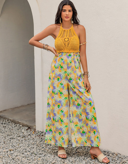 Load image into Gallery viewer, Openwork Halter Neck Floral Wide Leg Jumpsuit
