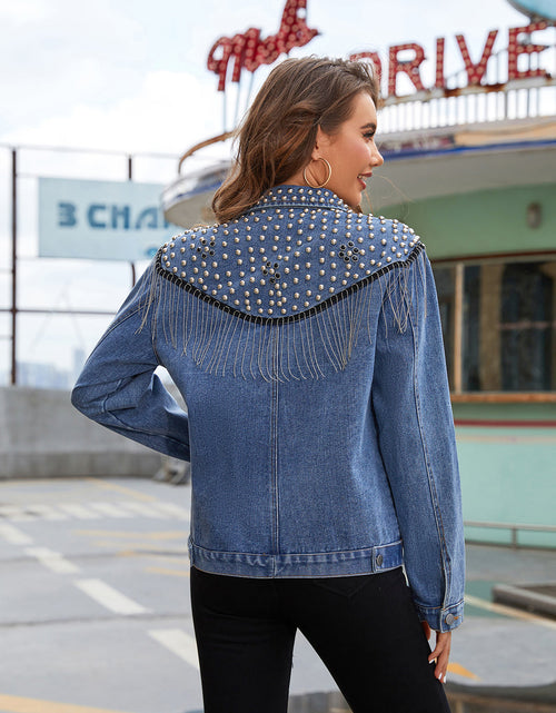 Load image into Gallery viewer, Studded Fringe Button Down Denim Jacket
