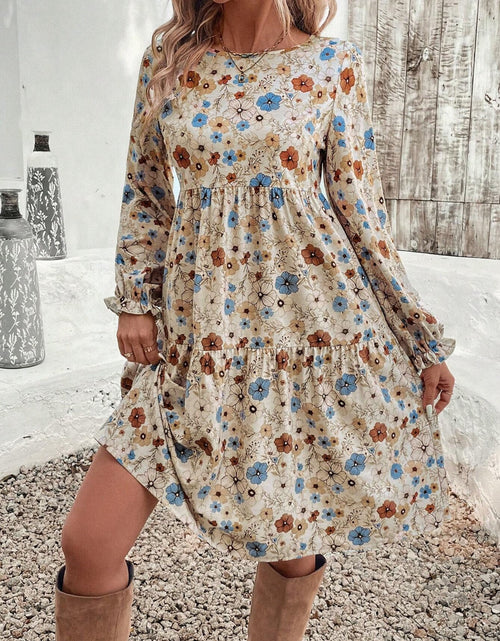Load image into Gallery viewer, Tiered Floral Round Neck Long Sleeve Dress
