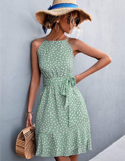 Load image into Gallery viewer, Printed Tie Waist Ruffle Hem Sleeveless Dress
