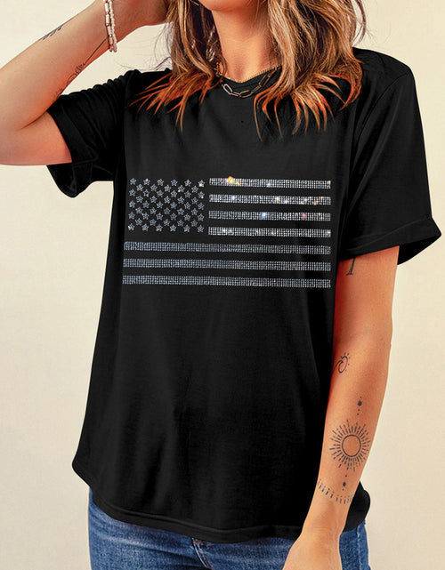 Load image into Gallery viewer, Rhinestone US Flag Round Neck Short Sleeve T-Shirt
