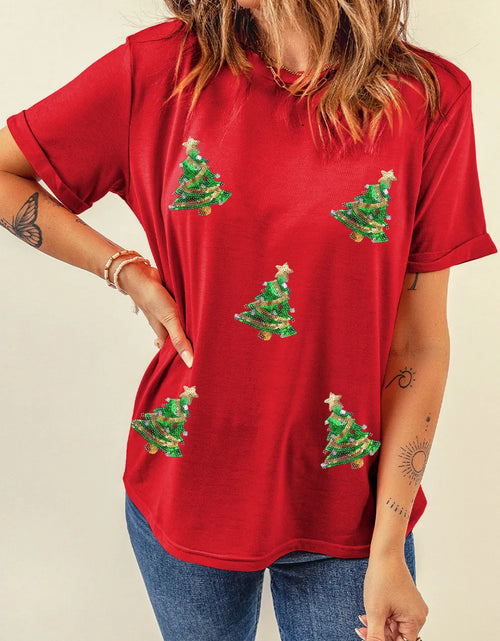 Load image into Gallery viewer, Sequin Christmas Tree Round Neck Short Sleeve T-Shirt
