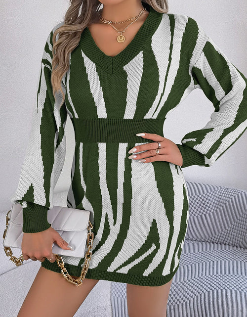 Load image into Gallery viewer, Animal Print V-Neck Long Sleeve Sweater Dress
