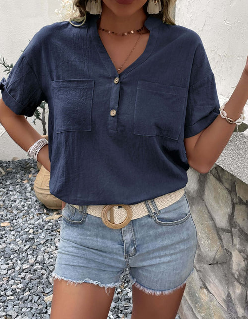 Load image into Gallery viewer, Perfee Buttoned Notched Neck Cuffed Sleeve Blouse
