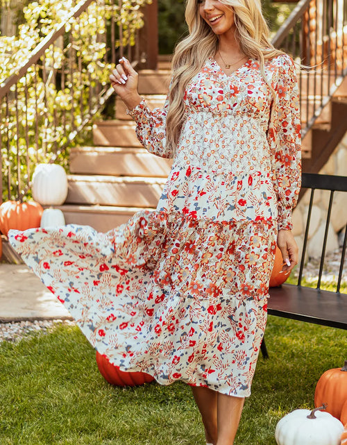 Load image into Gallery viewer, Full Size Printed V-Neck Lantern Sleeve Midi Dress
