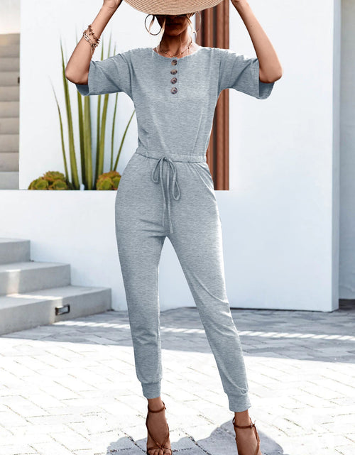 Load image into Gallery viewer, Buttoned Half Sleeve Round Neck Jumpsuit

