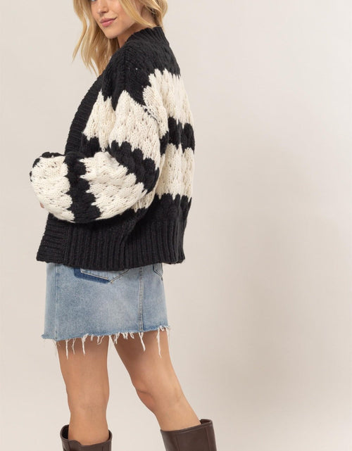 Load image into Gallery viewer, HYFVE Scallop Striped Open Front Long Sleeve Sweater Cardigan
