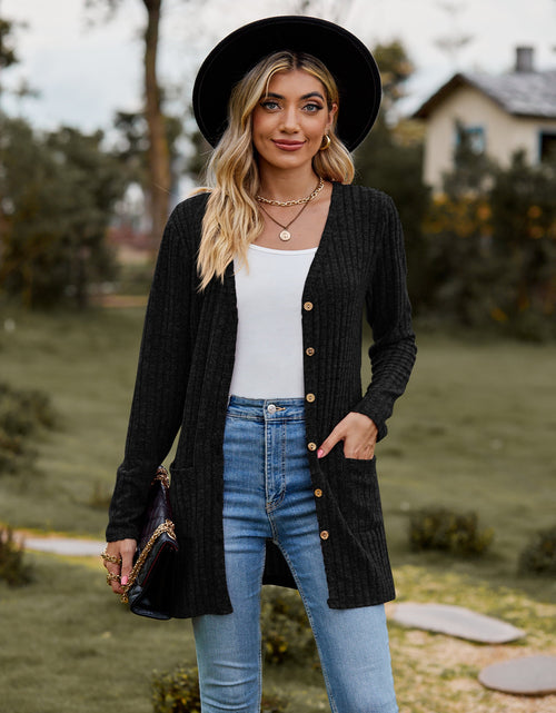 Load image into Gallery viewer, Ribbed Button-Up Cardigan with Pockets
