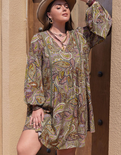 Load image into Gallery viewer, Plus Size Printed V-Neck Long Sleeve Midi Dress
