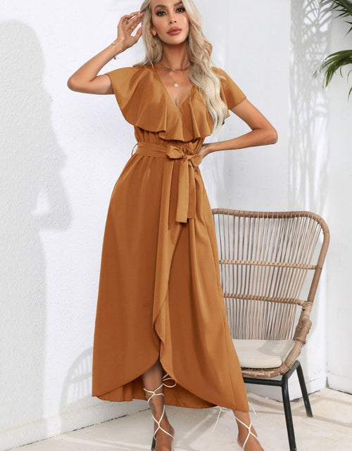 Load image into Gallery viewer, Tied Front Ruffled Short Sleeve Midi Dress
