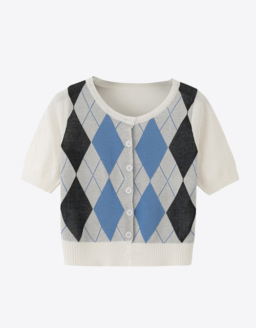 Load image into Gallery viewer, Argyle Round Neck Ribbed Trim Cardigan
