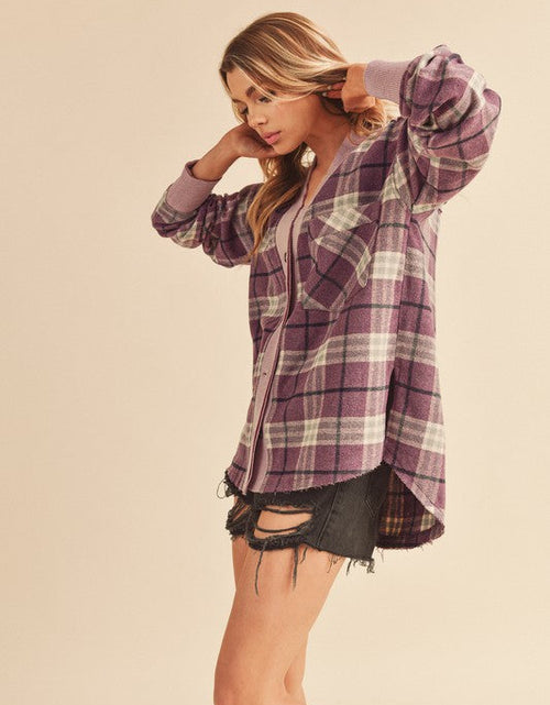Load image into Gallery viewer, Aemi + Co Side Slit Patch Pocket Plaid Button Down Jacket
