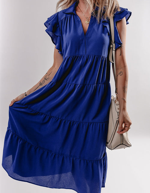 Load image into Gallery viewer, Ruffled Short Sleeve Collared V Neck Tiered Midi Dress

