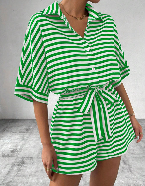 Load image into Gallery viewer, Tie Waist Half Button Striped Romper
