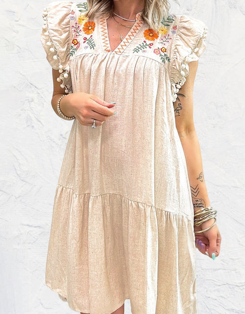 Load image into Gallery viewer, Floral Embroidery Pom Pom Ruffle Sleeves Mini Dress
