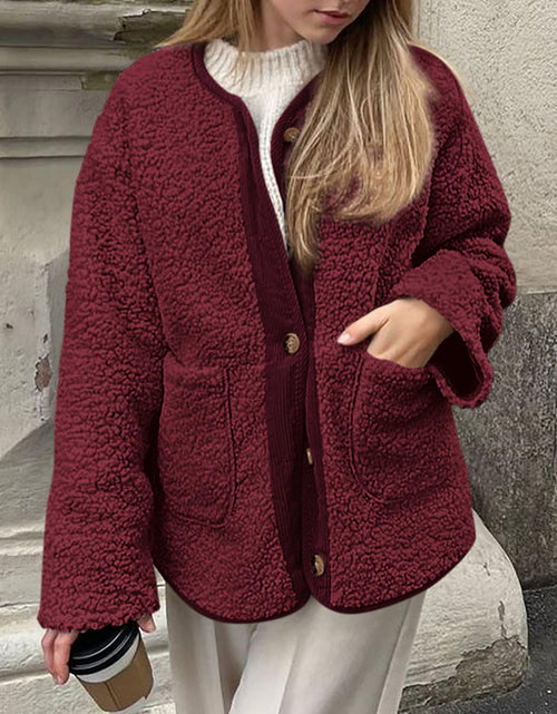 Load image into Gallery viewer, Contrast Button Up Sherpa Jacket with Pockets
