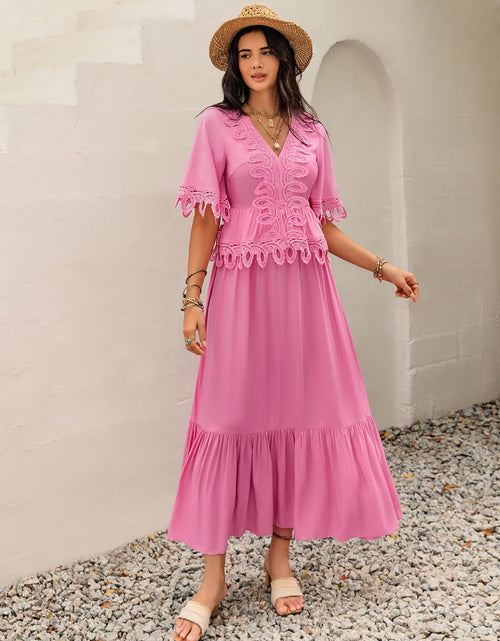 Load image into Gallery viewer, Lace Detail V-Neck Half Sleeve Midi Dress

