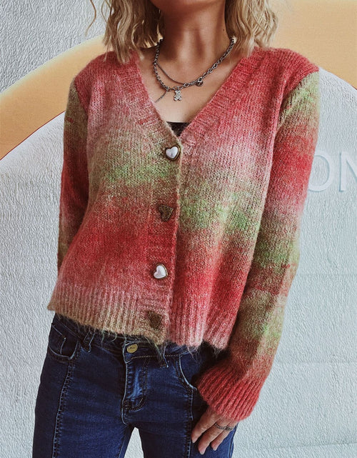 Load image into Gallery viewer, Gradient Heart Shape Button V-Neck Cardigan
