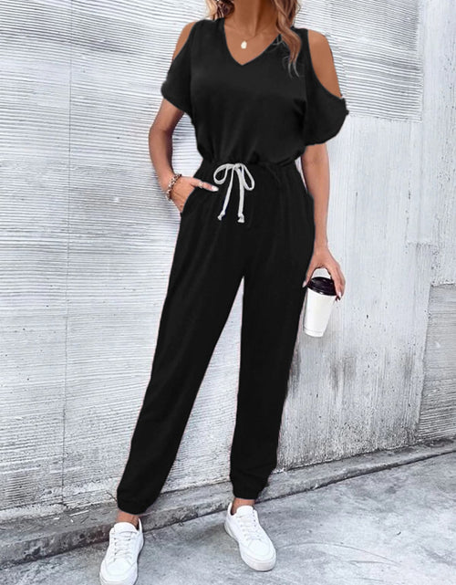 Load image into Gallery viewer, V-Neck Cold-Shoulder Jumpsuit with Pockets
