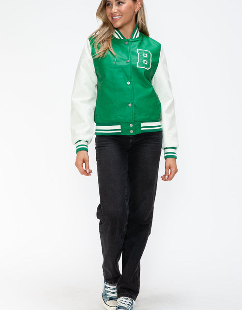 Load image into Gallery viewer, Love Me Now PU Leather Contrast Snap Down Bomber Jacket
