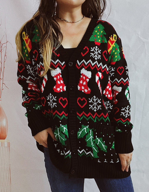 Load image into Gallery viewer, Printed Button Up V-Neck Long Sleeve Cardigan with Pockets

