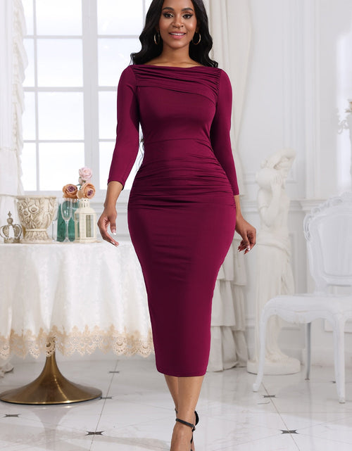 Load image into Gallery viewer, Ruched Boat Neck Midi Dress
