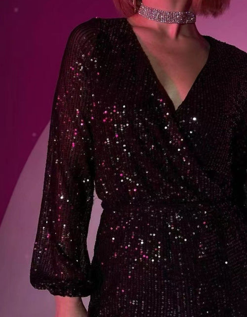 Load image into Gallery viewer, Full Size Sequin Surplice Tie Waist Long Sleeve Romper
