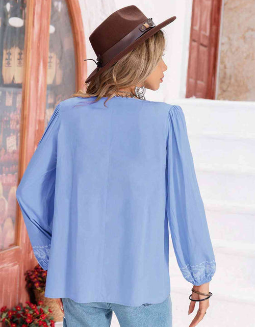 Load image into Gallery viewer, Floral Tie Neck Balloon Sleeve Blouse
