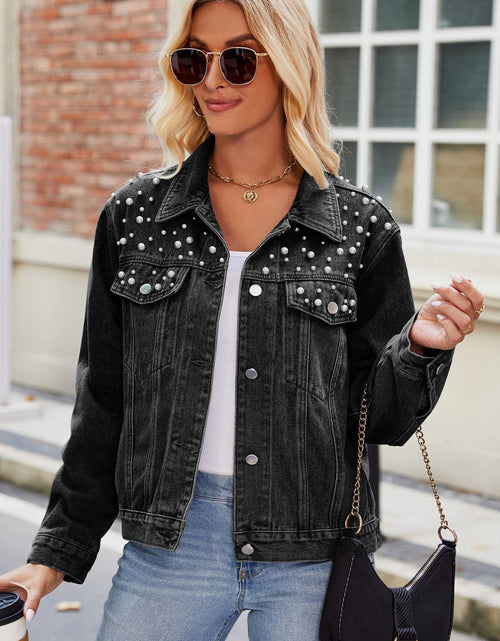 Load image into Gallery viewer, Pearl Detail Collared Neck Long Sleeve Denim Jacket
