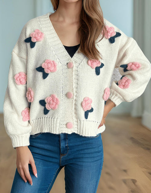 Load image into Gallery viewer, Flower Button Down V-Neck Long Sleeve Cardigan
