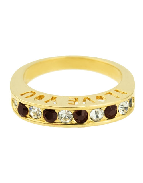 Load image into Gallery viewer, Vintage 1980s I Love You Ring Band Ring Garnet and Clear Austrian Crystals Imported by PVD Vintage Jewelry
