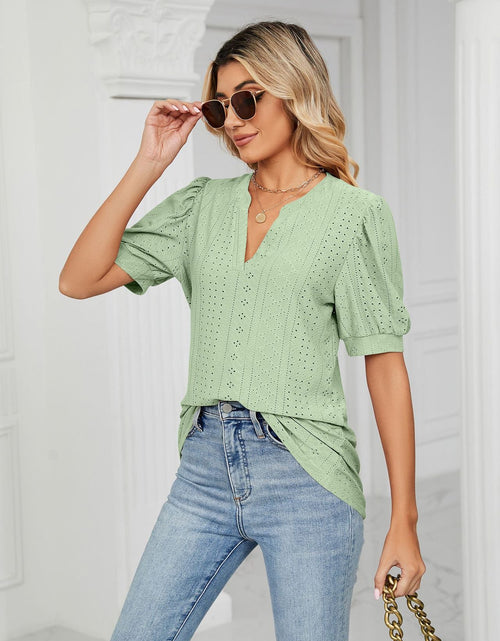 Load image into Gallery viewer, Eyelet Short Puff Sleeve Notched Neck Top
