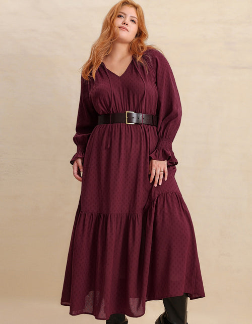 Load image into Gallery viewer, Plus Size Swiss Dot Tie Neck Flounce Sleeve Maxi Dress
