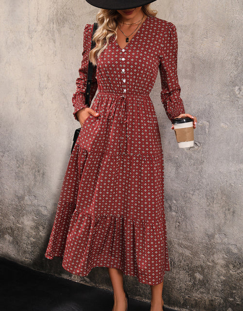 Load image into Gallery viewer, Perfee Printed Tiered V-Neck Buttoned Midi Dress
