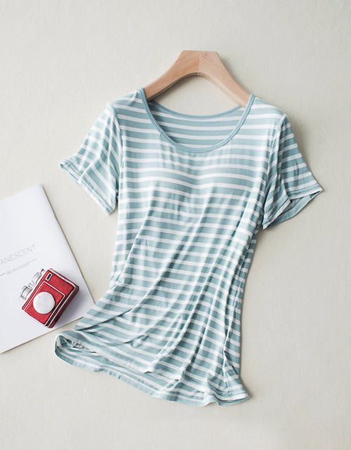 Load image into Gallery viewer, Striped Round Neck Short Sleeve T-Shirt with Bra
